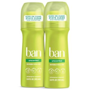 Ban Roll-On Antiperspirant Deodorant, Unscented, 3.5 oz (Twin Pack)