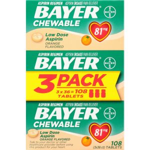 Bayer Aspirin  81 Mg Chewable Tablets Orange 36Ct 3 Pack