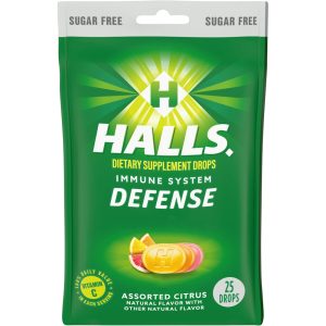 Halls Defense Sugar Free Assorted Citrus Vitamin C Dietary Supplement Drops