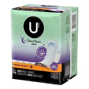 U by Kotex Premium Overnight Maxi Pads with Wings, Max Absorbency (112 Count Case)