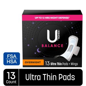 U by Kotex Balance Ultra Thin Overnight Pads with Wings, 13 Count