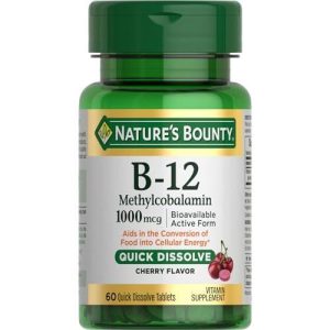 Nature's Bounty Vitamin B-12 Quick Dissolve Tablets, 1000mcg, Aids In The Conversion Of Food Into Cellular Energy, Cherry Flavor, 60ct