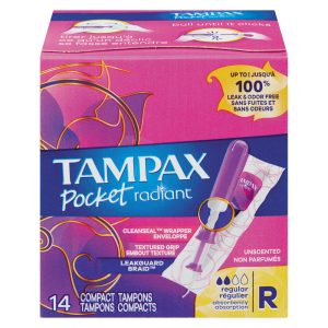 Tampax Pocket Radiant Compact Tampons Regular Absorbency With BPA-Free Plastic Applicator And LeakGuard Braid, Unscented