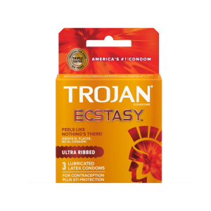 Trojan Ecstasy Ultra Ribbed Lubricated Latex Condoms 3 Ct Box
