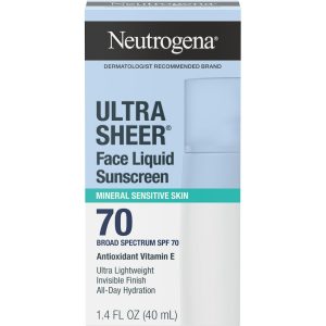 Neutrogena Ultra Sheer Face Liquid Mineral Sunscreen, Lightweight, Broad Spectrum SPF 70 Facial Sunscreen For Sensitive Skin Leaves A Silky, Non-Greasy Finish, Oxybenzone-Free, 1.4 Fl. Oz