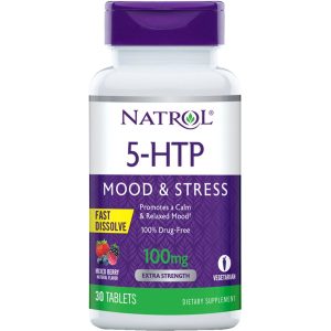 Natrol 5-HTP Fast Dissolve 100 mg, Mood & Stress Support, Wild Berry Flavor, 30 Tablets