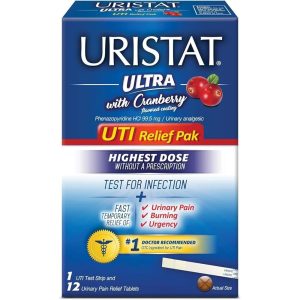 Uristat Ultra UTI Relief Pack – 12 Pain Relief Tablets + 1 Test Strip Kit