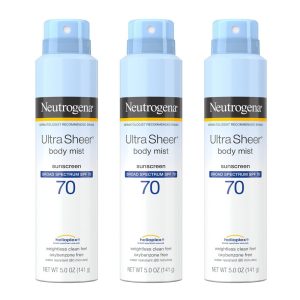 Neutrogena Ultra Sheer Body Mist Sunscreen Spray, Broad Spectrum SPF 70, Lightweight Spray Sunscreen, Non-Greasy & Water Resistant, Oil-Free & Non-Comedogenic U