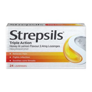 Strepsils Triple Action Sore Throat Pain Relief Honey & Lemon Flavour 2.4mg Lozenges 24