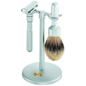 Merkur Futur Brushed Chrome Stand, Adjustable Safety Razor & Badger Brush 3 Piece Shaving Set